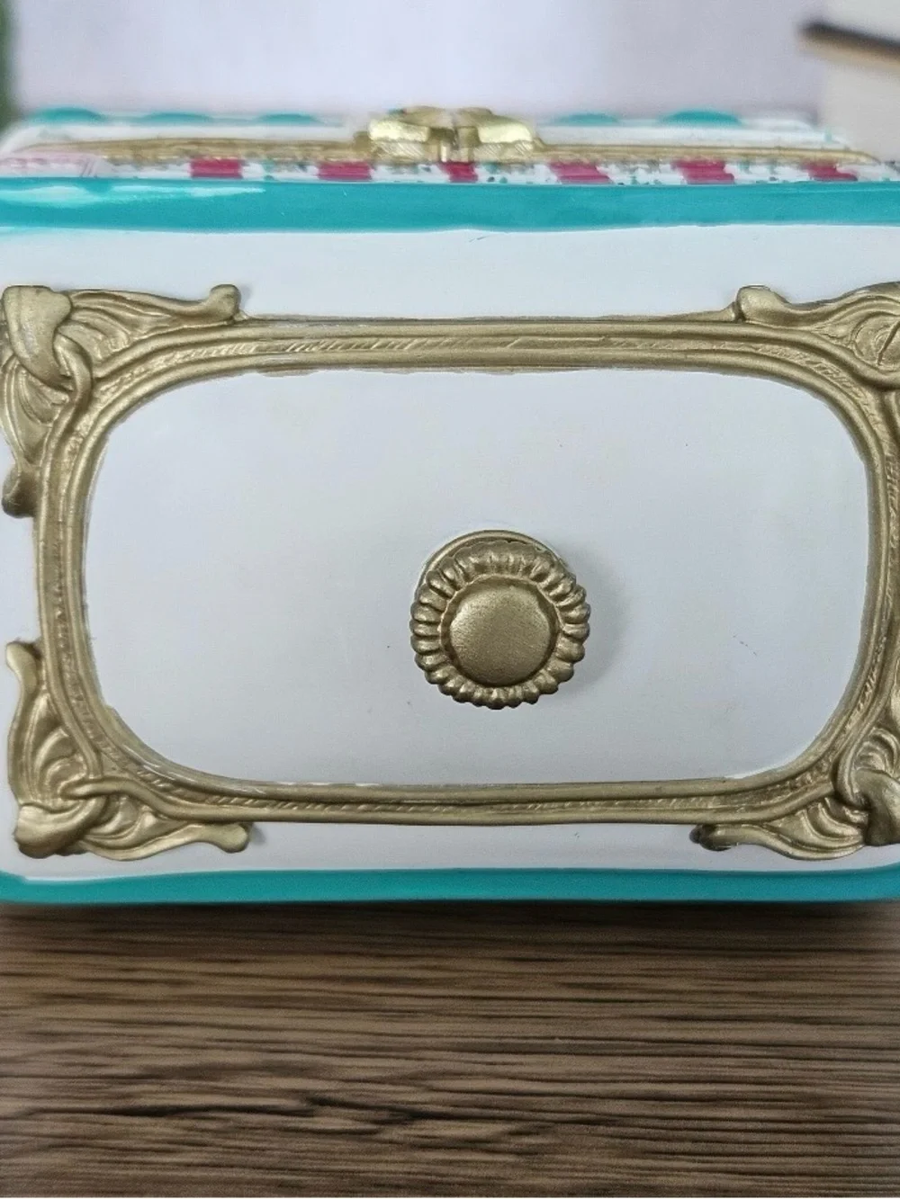 Macy's Ceramic Trinket Box in White, Teal & Gold Accents year 2000